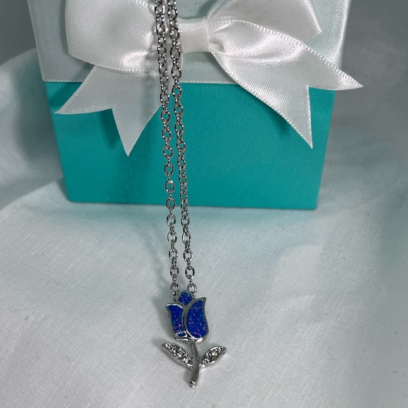 Blue Glitter Sparkle Tulip Flower Floral Necklace Deadstock NEW Minimalist - Picture 4 of 8
